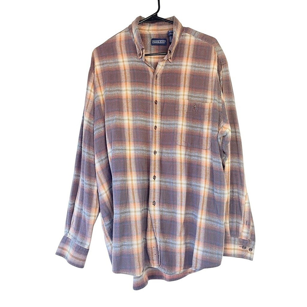Vtg LANDS' END Mens XLT Tall Plaid Flannel Shirt Brown Orange Cotton Workwear
